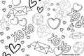 A Valentine-themed coloring banner with various designs including hearts, stars, and mailboxes, with the word 'XOXO' prominently displayed.