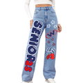 A pair of blue jeans with the word 'SENIOR' painted in large red letters on the left leg, accompanied by various colorful graphics and stars.