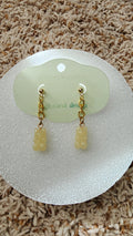 A pair of pastel color gummy bear earrings with gold accents displayed on a clear surface.