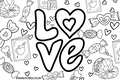 A Valentine-themed coloring banner with various designs including hearts, stars, and mailboxes, with the word 'XOXO' prominently displayed.
