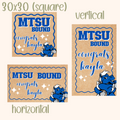 A custom hand-painted banner with the text 'MTSU Bound' and 'congrats kayla' where 'MTSU' stands for Middle Tennessee State University. The banner features a school mascot, stars, and customizable elements such as school colors and a student's name.