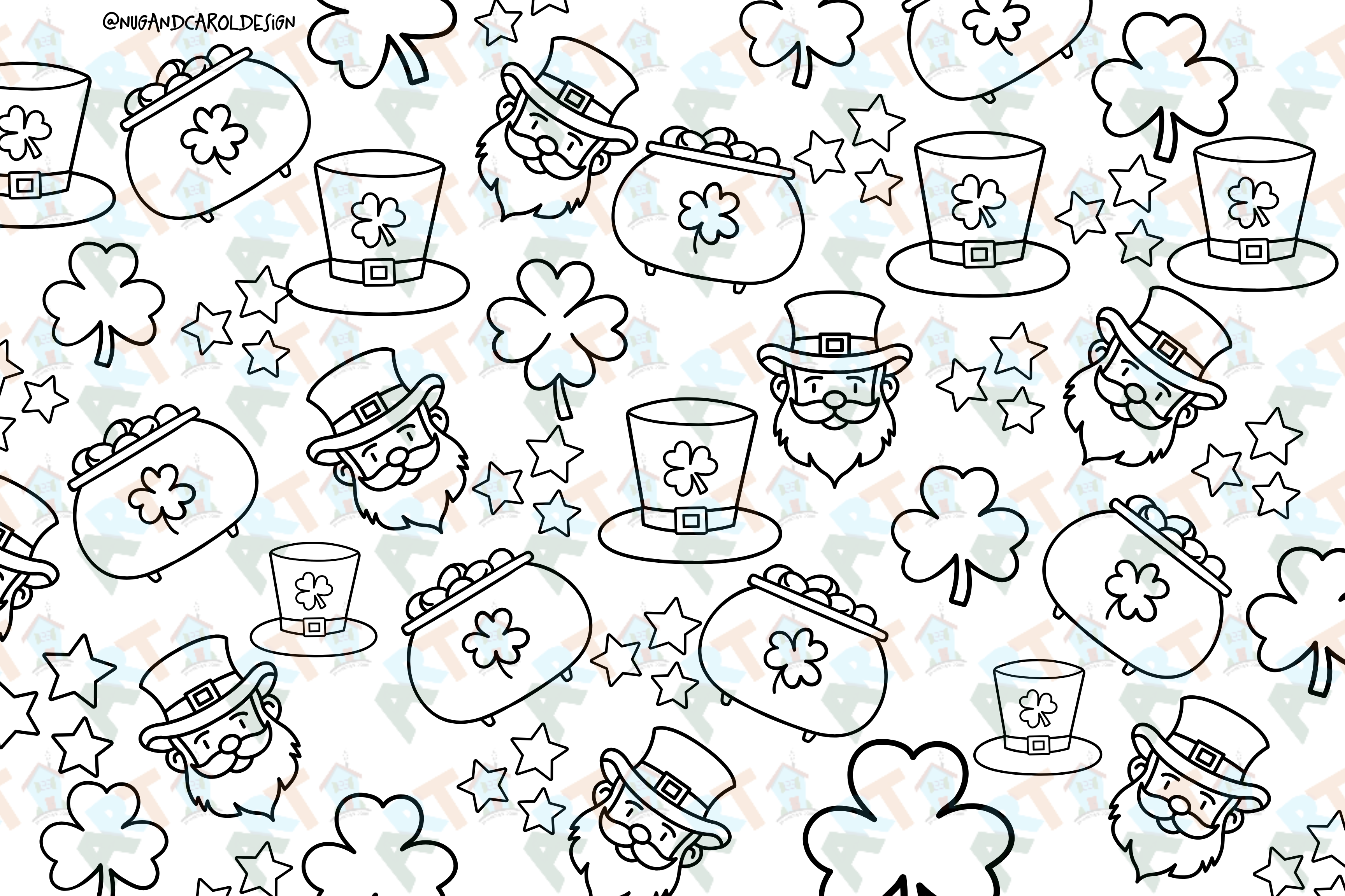 repeating pattern of pot of gold, leprachaun, stars, and top hat
