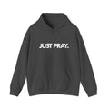 Gray hoodie with 'JUST PRAY.' text on a white background