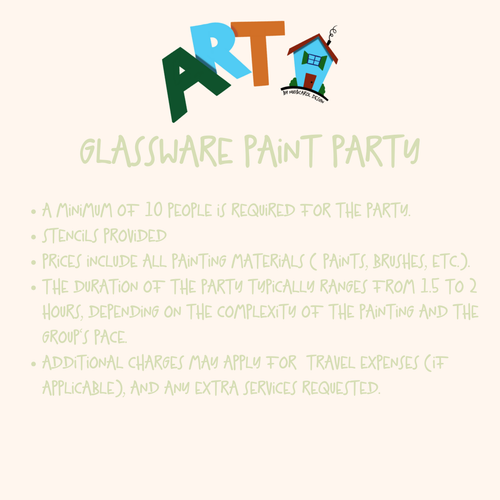 Promotional graphic for Arthouse Mobile Party Glassware Paint Party, detailing the event requirements, duration, and additional services offered.