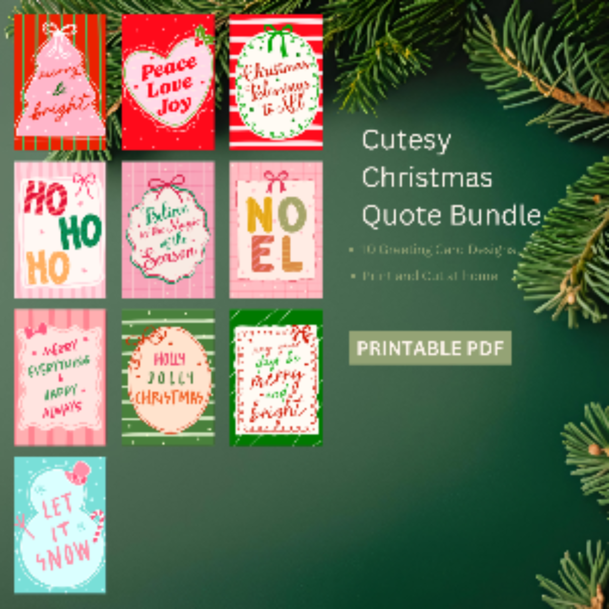 Collection of Christmas-themed greeting cards with quotes on a green background with pine branches.