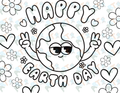 A coloring page designed for Earth Day with a cartoon image of the Earth character with arms raised, surrounded by flowers and the text 'HAPPY EARTH DAY'.