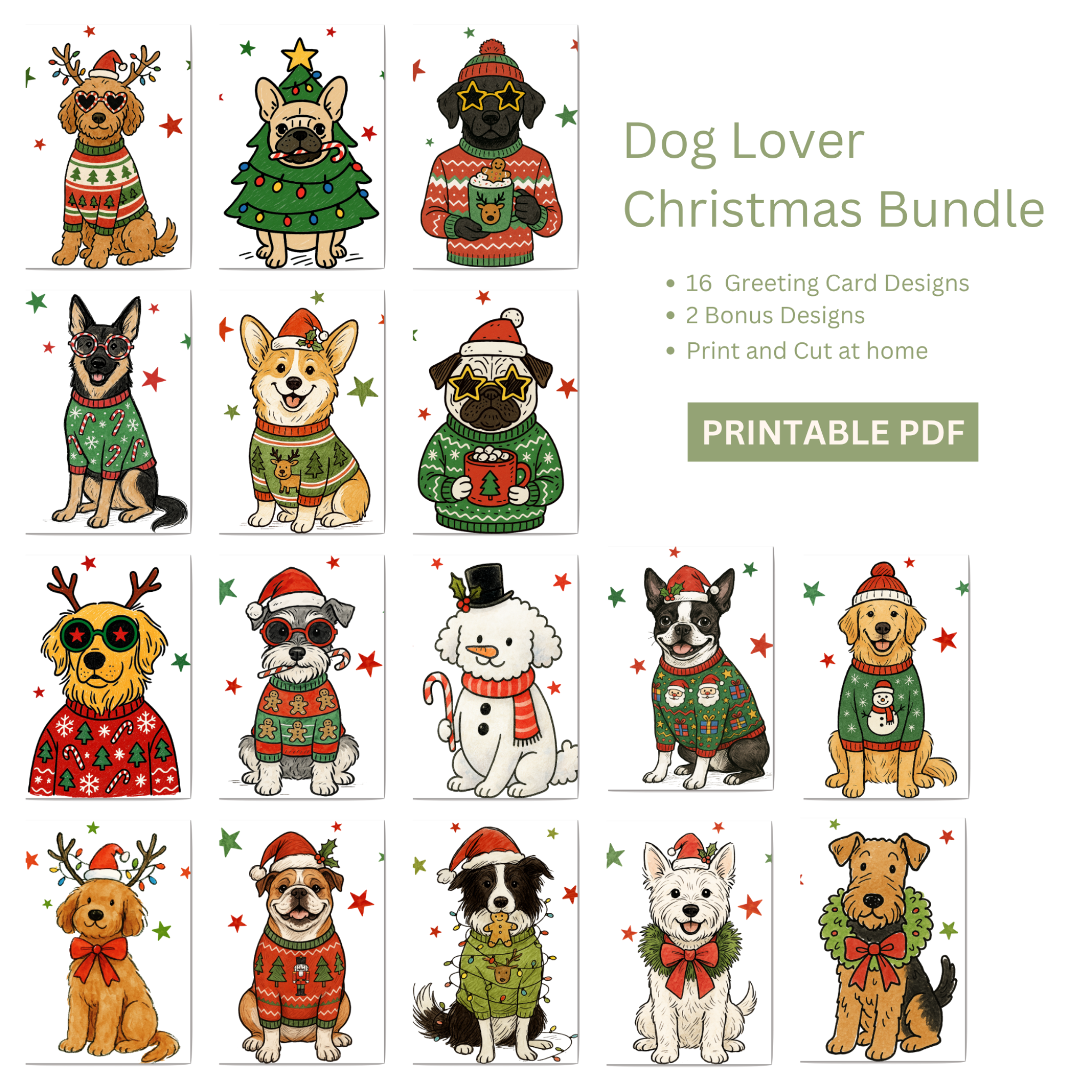 Dog Lover Christmas Bundle with 16 greeting card designs on a white background.