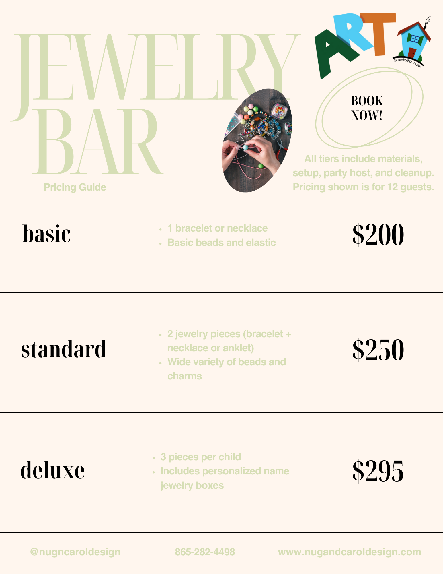 Jewelry-making pricing guide with 'Jewelry Bar' branding and pricing details.