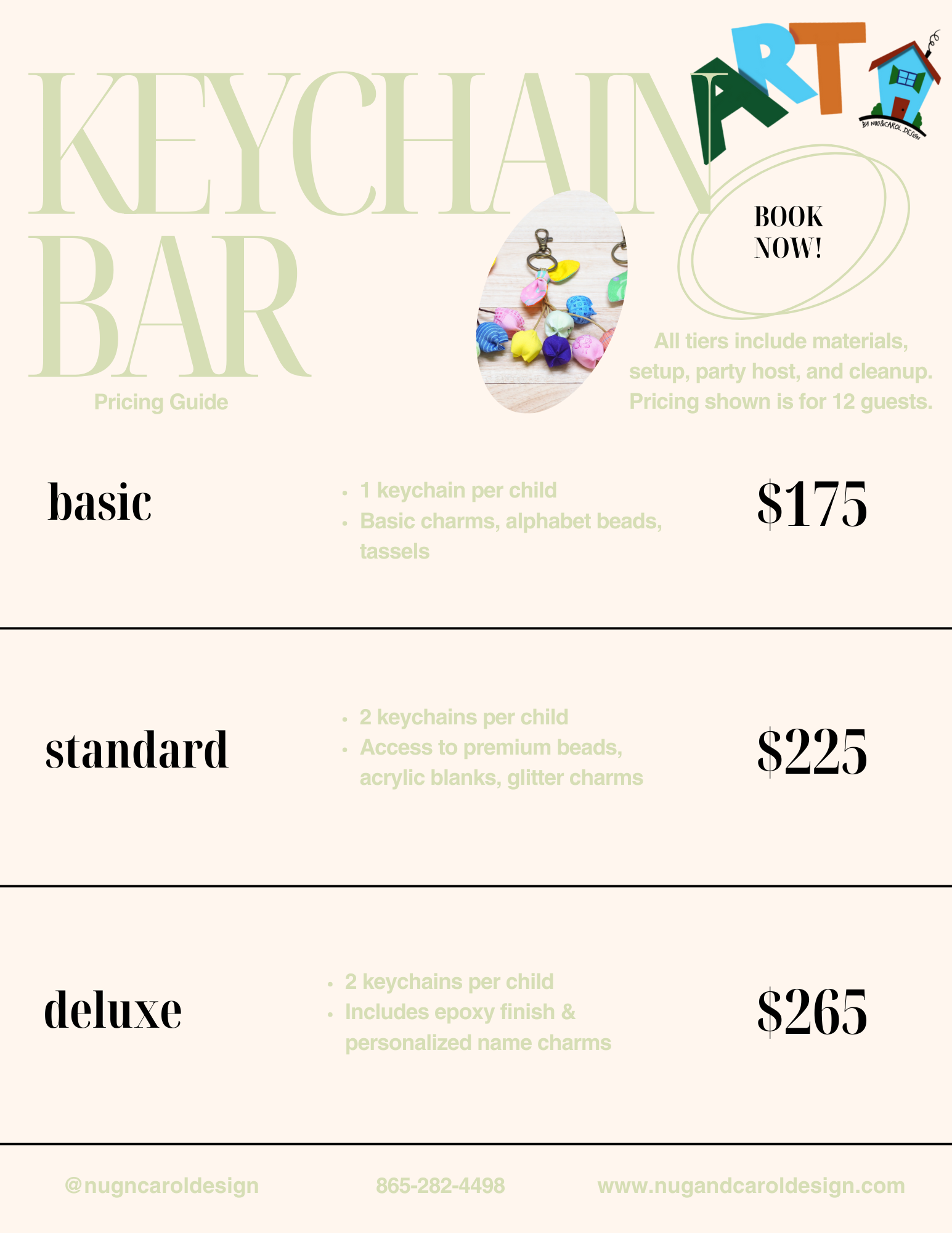 Keychain art pricing guide with different package options and prices.