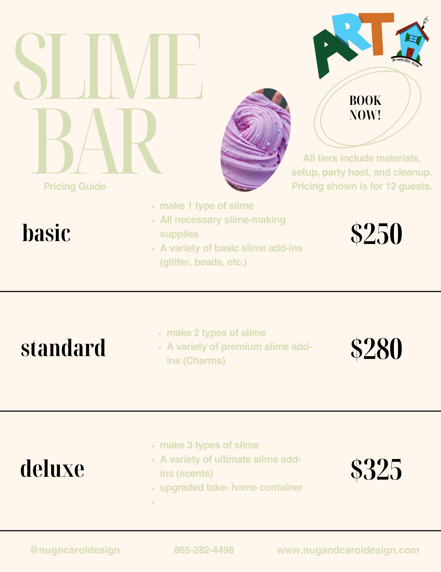 Price list for slime-making services with a purple slime sample and 'Art Bar' branding.