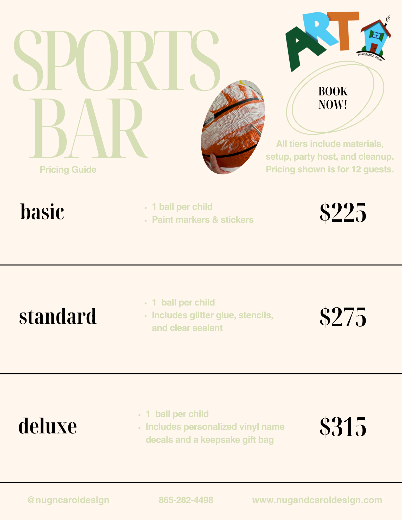 Sports bar pricing guide with basketball illustration and 'Art House' branding.