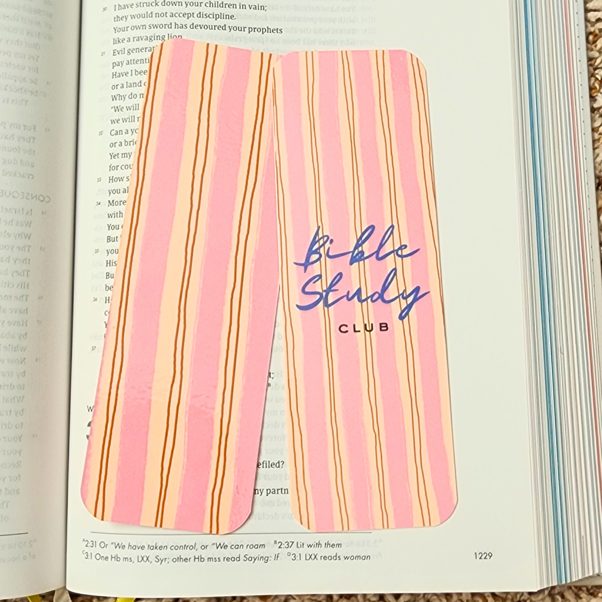 Striped bookmark with 'Bible Study Club' text on an open book