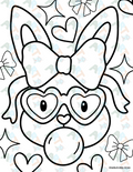 A black and white line drawing of a spring bunny with flowers and eggs, designed for coloring.