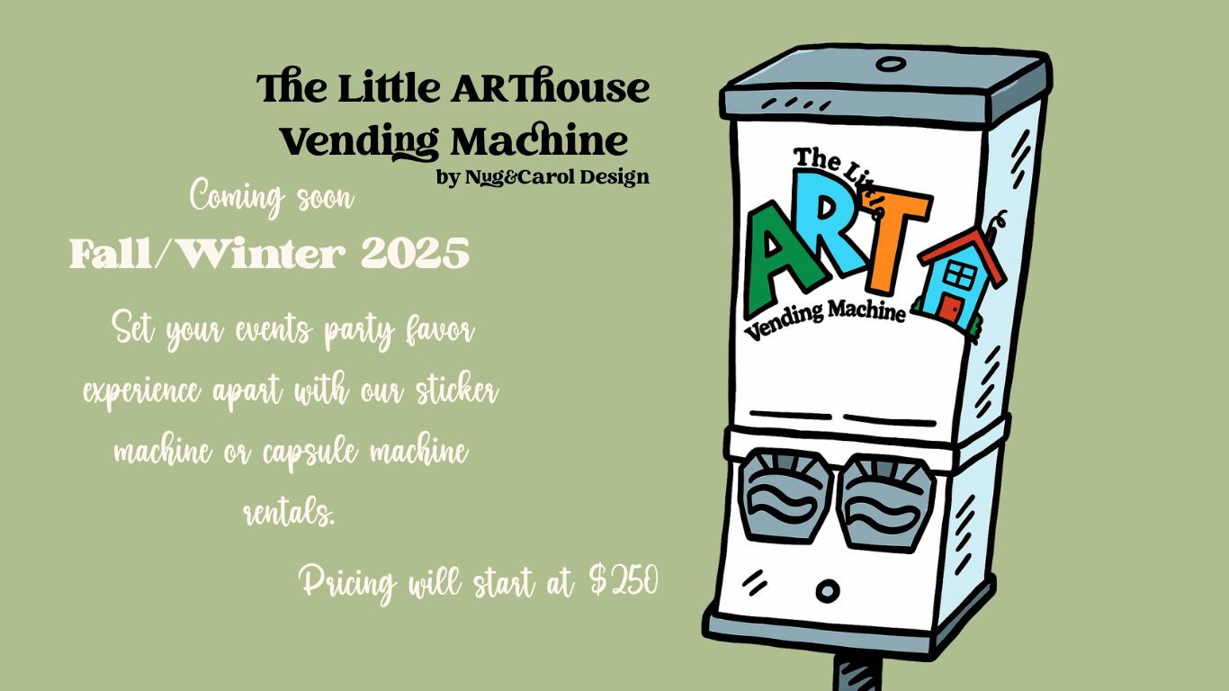 Advertisement for 'The Little Art House Vending Machine' with text and illustration on a green background.