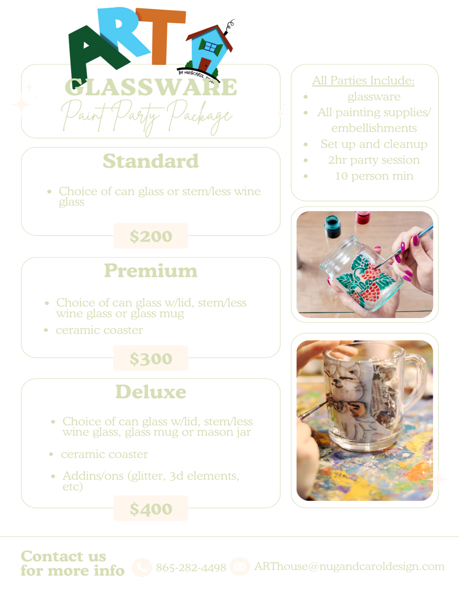 Glassware paint party package pricing chart with images and text.