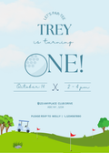 A digital birthday invitation featuring a golf ball with the text 'Trey is turning ONE!' and details for a 1st birthday celebration.