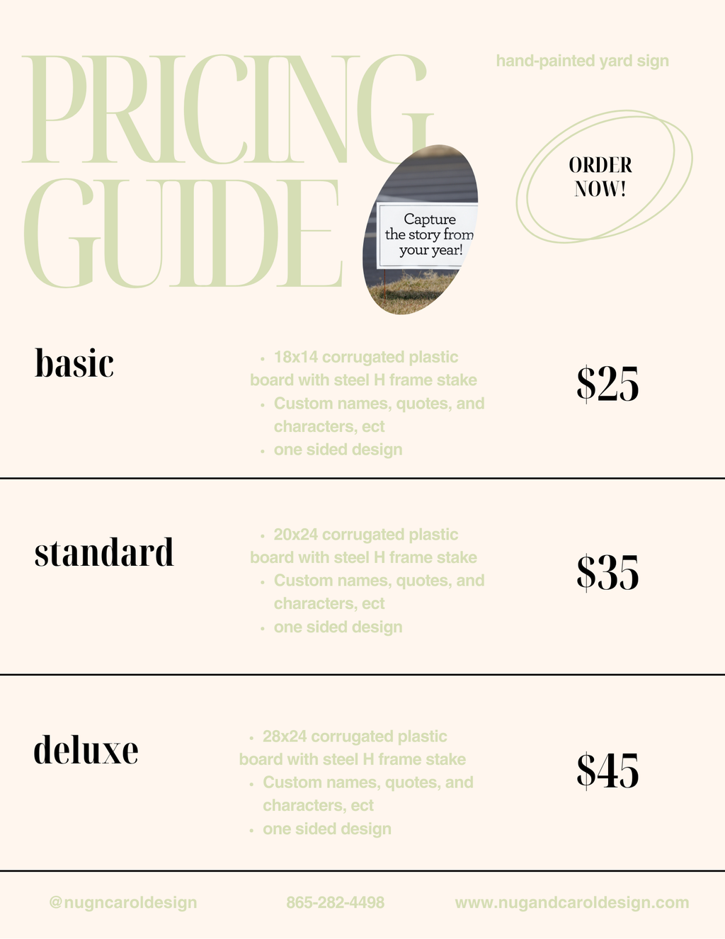 A pricing guide for hand-painted corrugated plastic yard signs, showing three tiers: basic, standard, and deluxe, with accompanying price tags and details on available customization options.