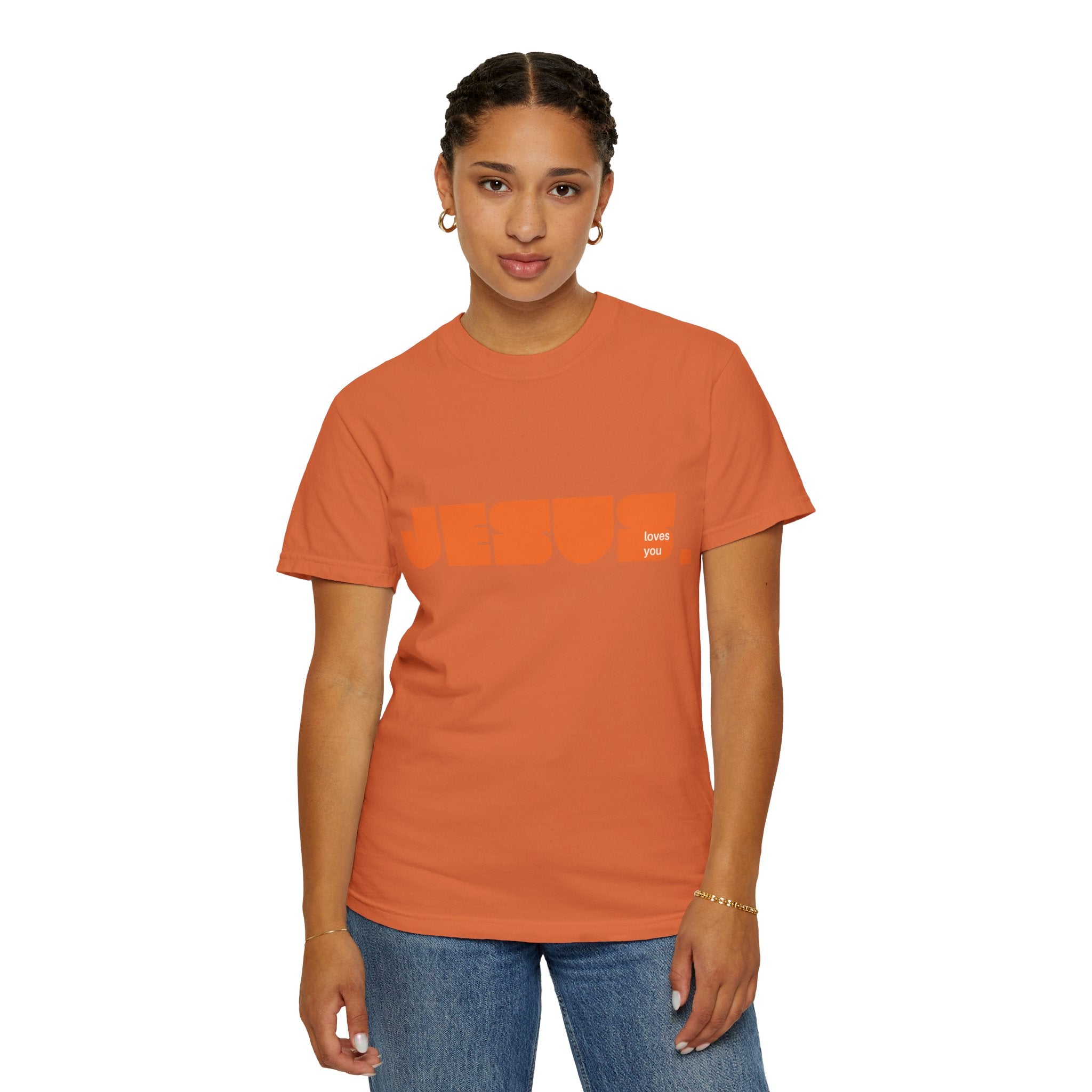 female model with orange  tshirt with text jesus loves you