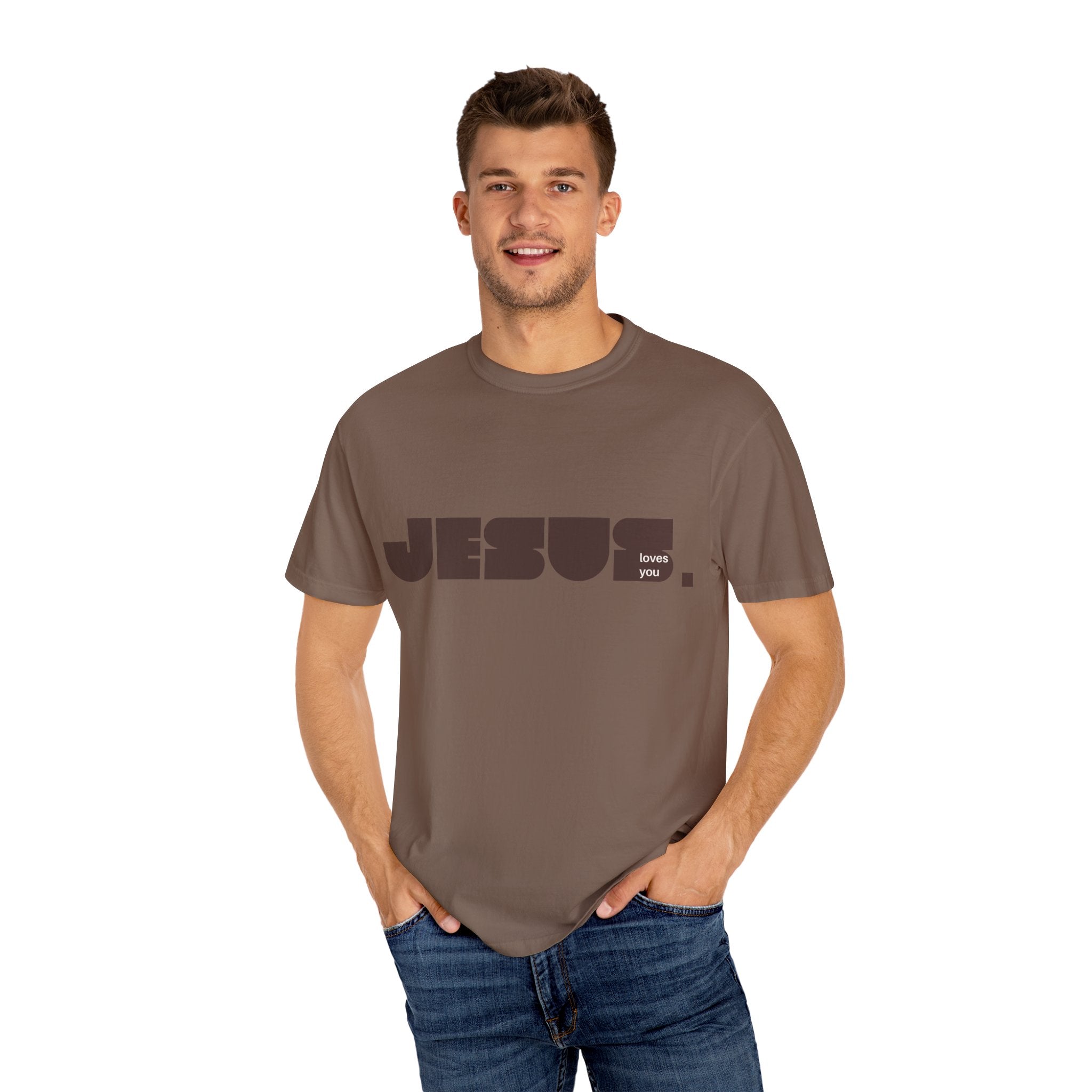 male model brown tshirt with text jesus loves you