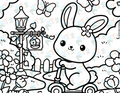 A coloring page featuring a cartoon-style rabbit on a scooter with flowers and a street lamp in the background.