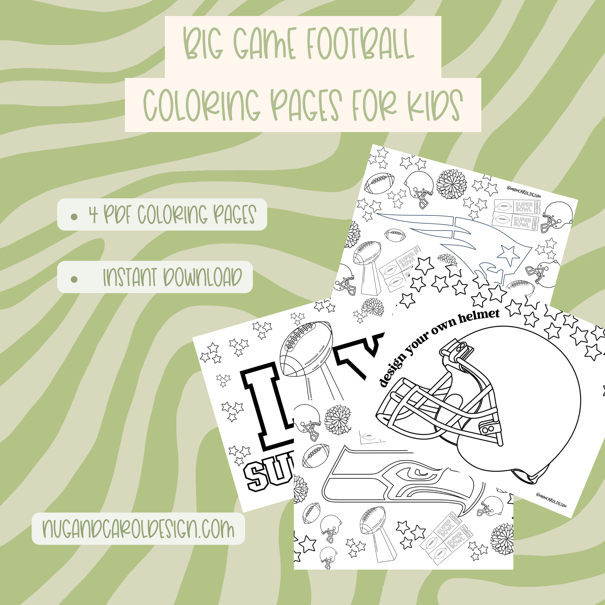 Football Coloring pages for kids on a green patterned background with text about the product.