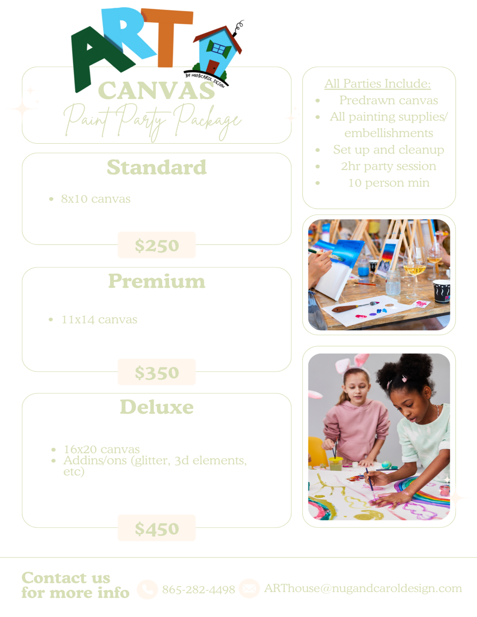 Canvas paint party package pricing chart with images of children painting.