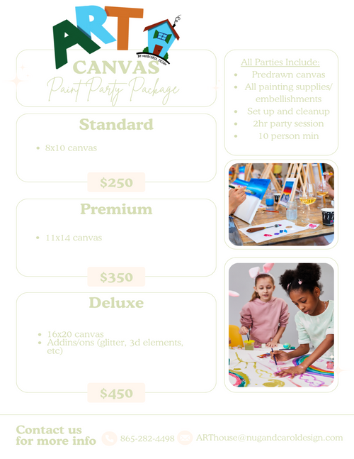 Canvas paint party package pricing chart with images of children painting.
