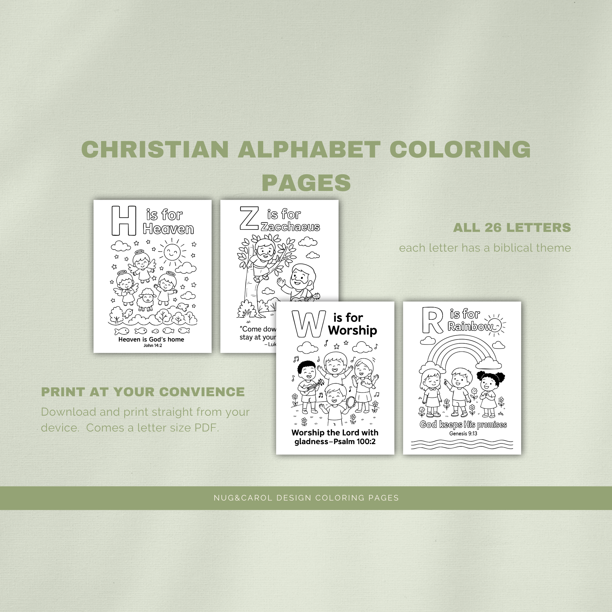 Four Christian alphabet coloring pages on a light gray background with text about the coloring pages.