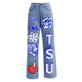 A pair of blue jeans with hand-painted custom designs including text, a tiger, a apple with a bite, and other symbols related to a college graduation.