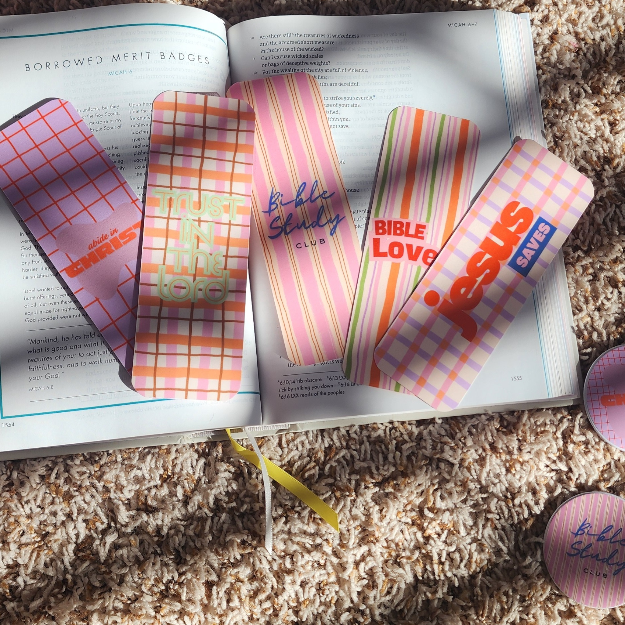 Colorful bookmarks with text on an open book
