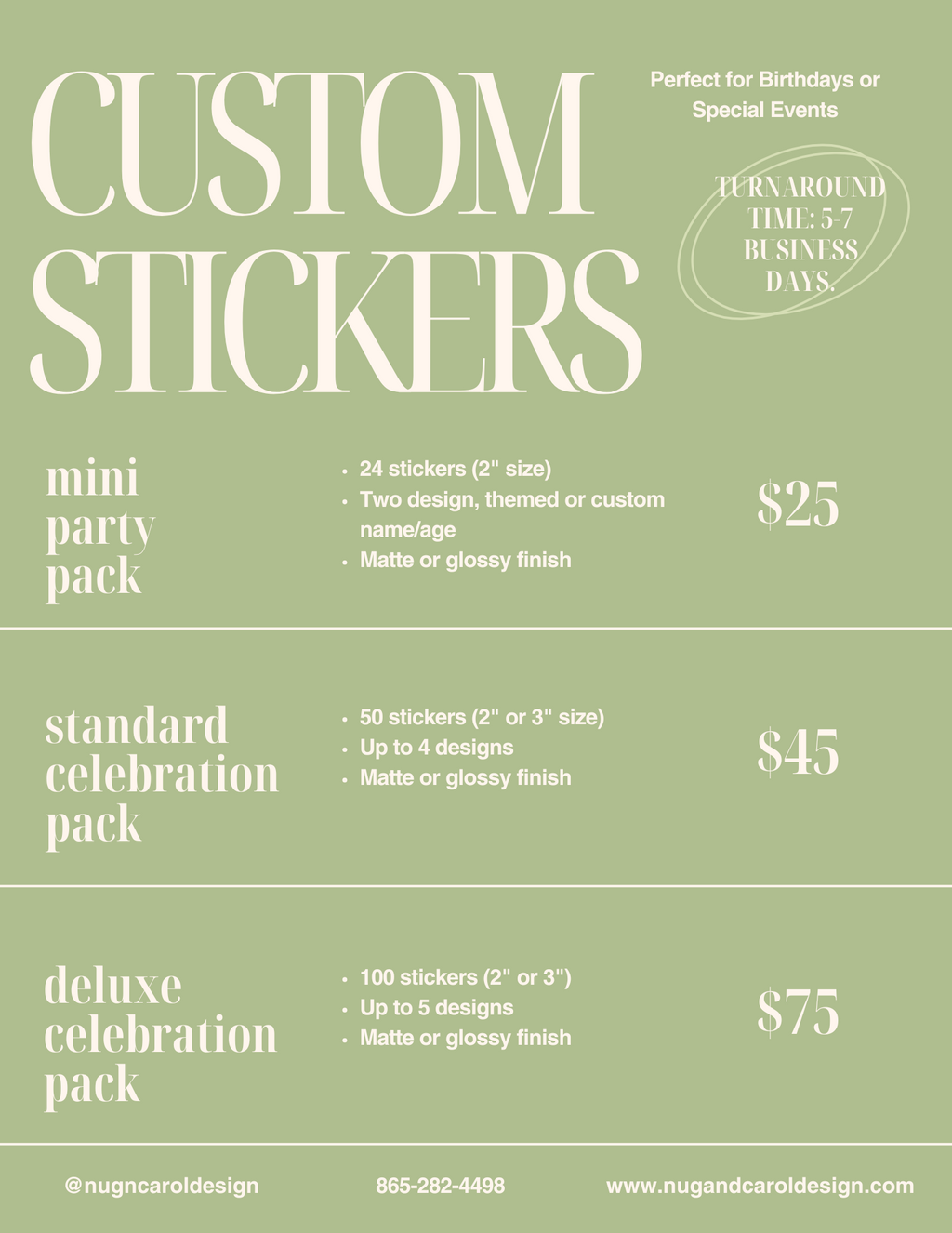Advertisement for custom stickers with pricing and details on a green background