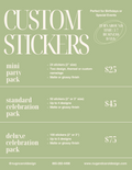 Advertisement for custom stickers with pricing and details on a green background