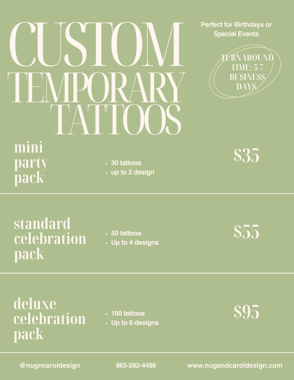 Price list for custom temporary tattoos with different pack options on a green background.