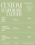 Price list for custom temporary tattoos with different pack options on a green background.
