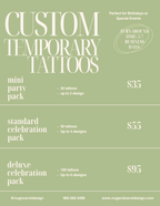 Price list for custom temporary tattoos with different pack options on a green background.