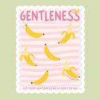Decorative stamp illustration with bananas and the word 'Gentleness' on a striped background
