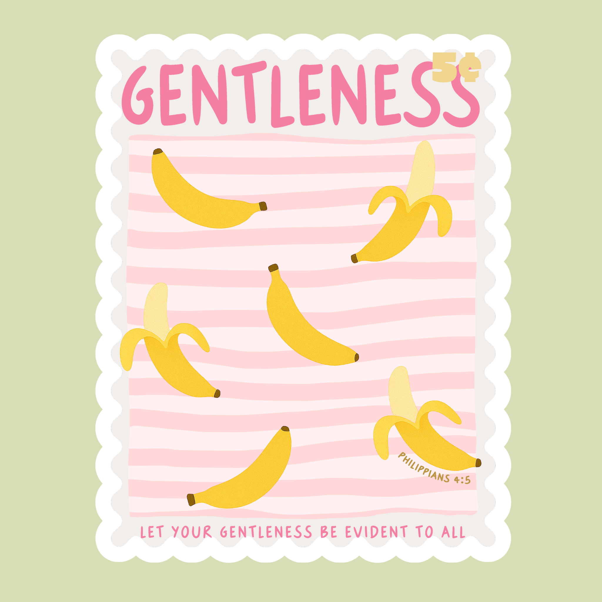 Decorative stamp illustration with bananas and the word 'Gentleness' on a striped background