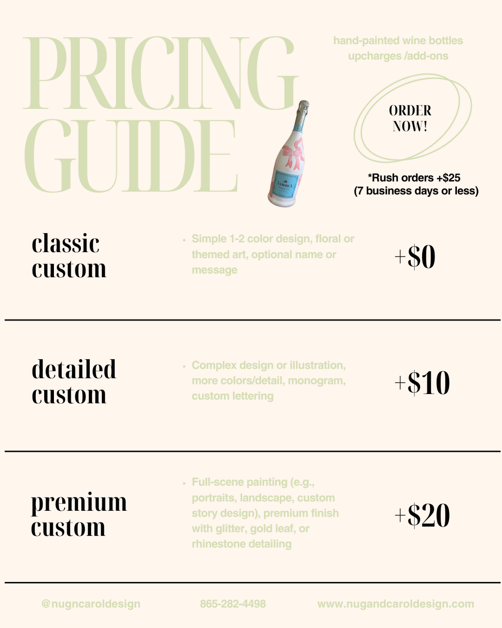 A pricing guide for hand-painted wine bottles with three customization options: classic custom, detailed custom, and premium custom, showing a hand-painted wine bottle and the cost for each option.