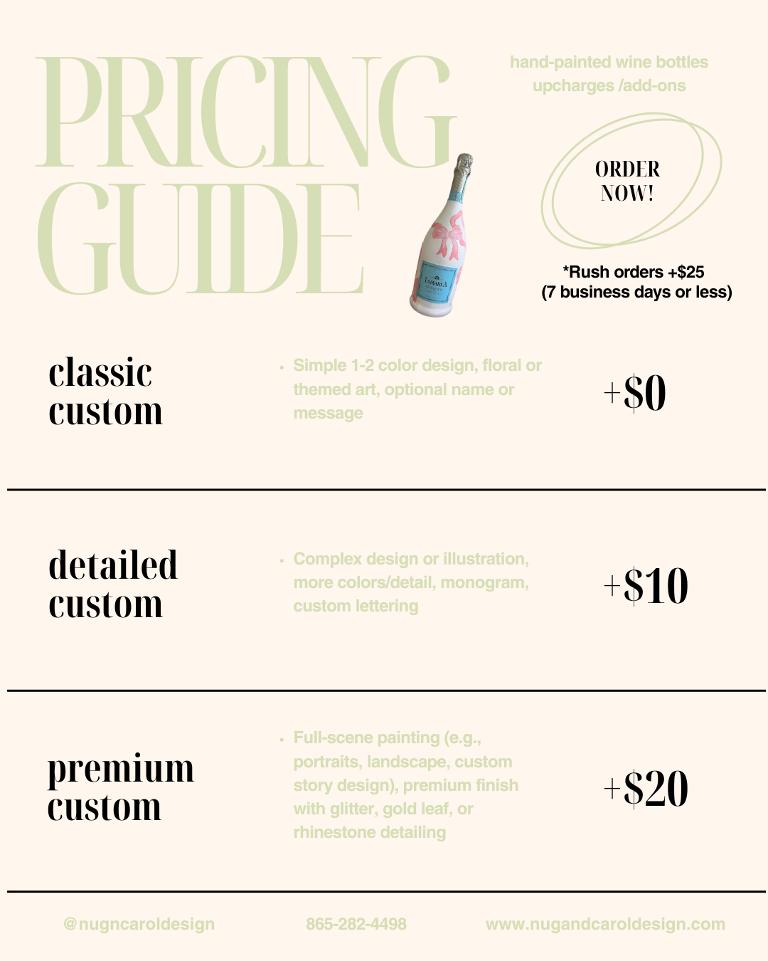 A pricing guide for hand-painted wine bottles with three customization options: classic custom, detailed custom, and premium custom, showing a hand-painted wine bottle and the cost for each option.