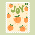 Decorative stamp illustration with 'JOY' text and peach illustrations on a light green background