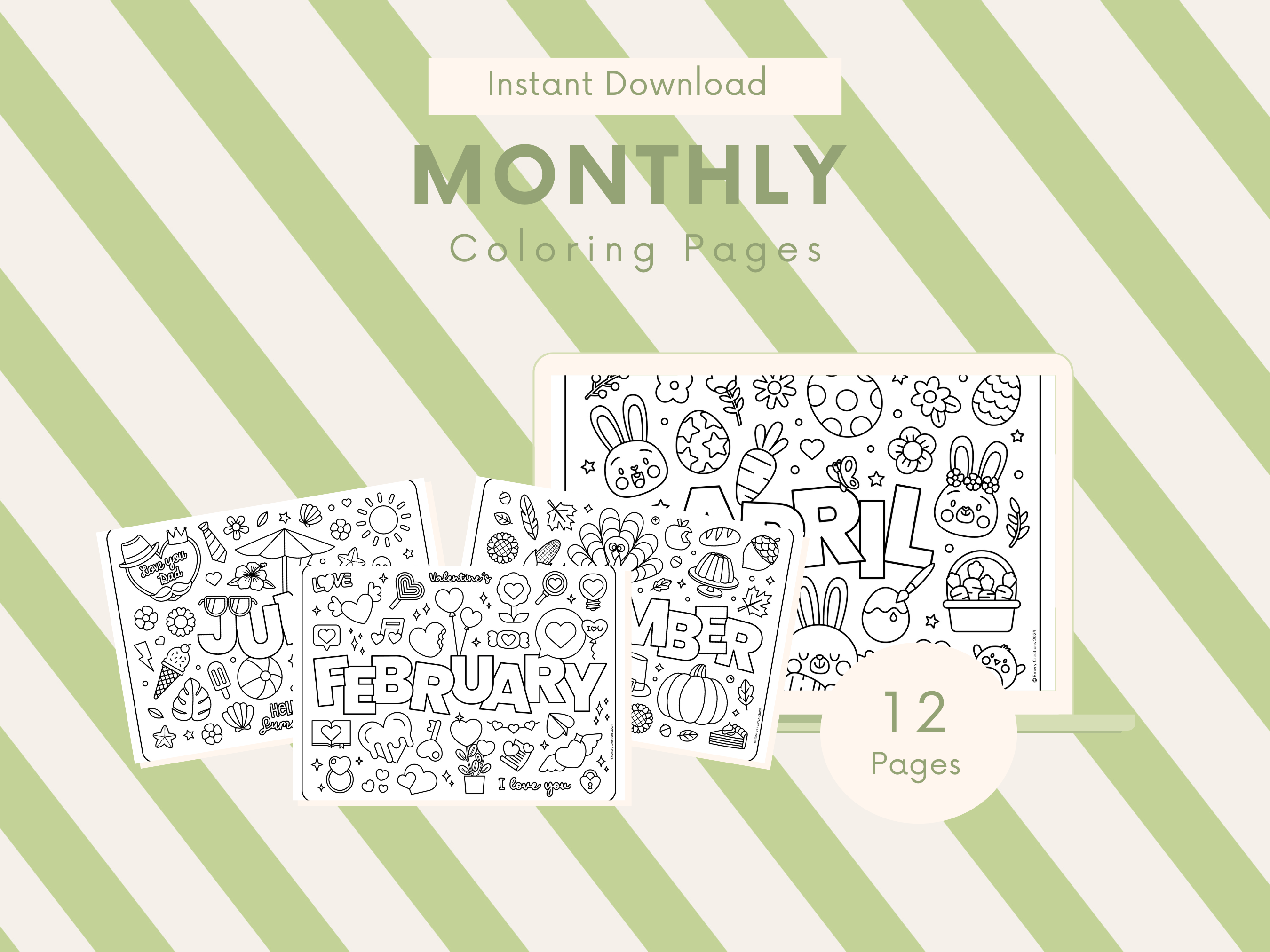 Set of monthly coloring pages with a green and white striped background