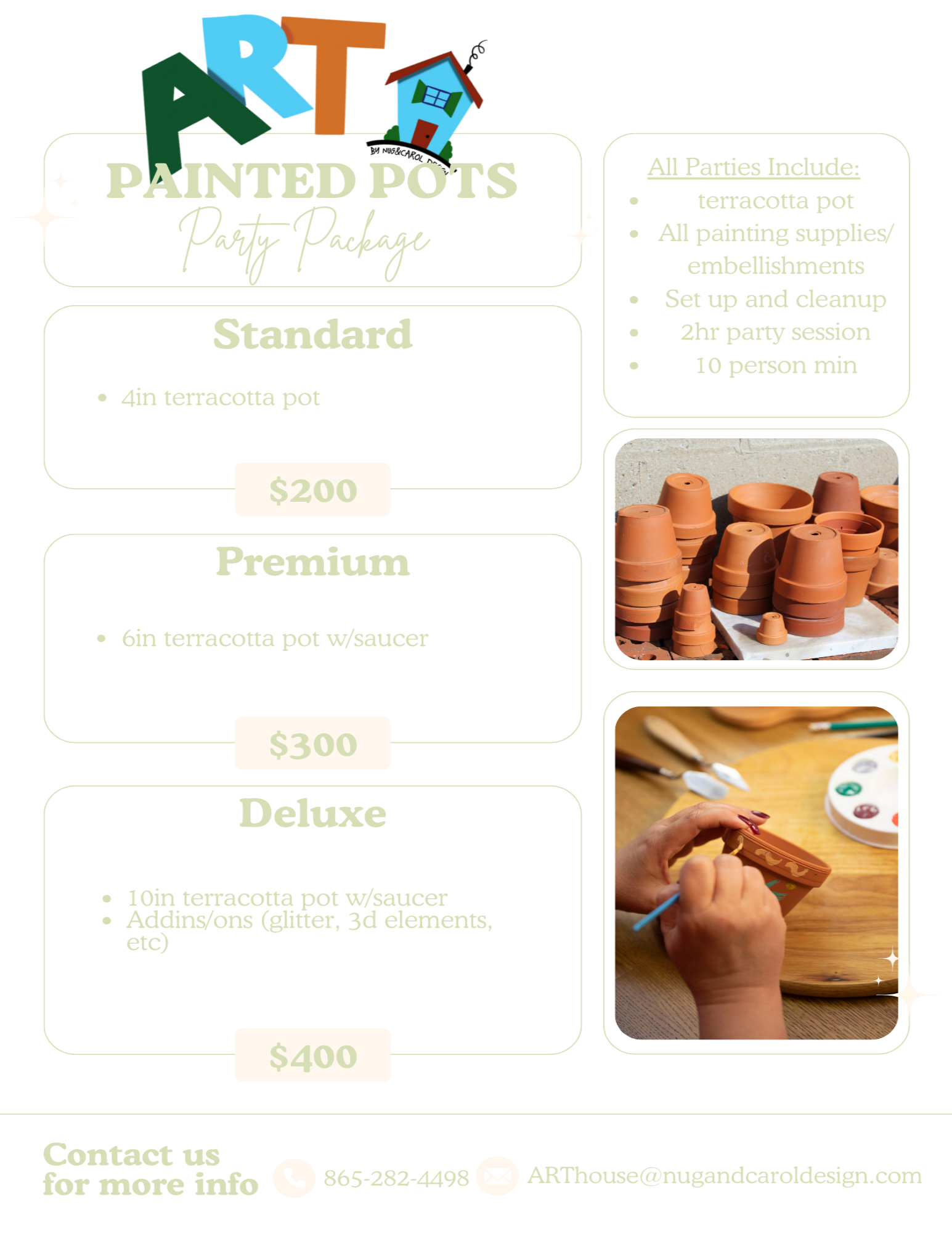 Painted Pots Party Package pricing and details on a white background
