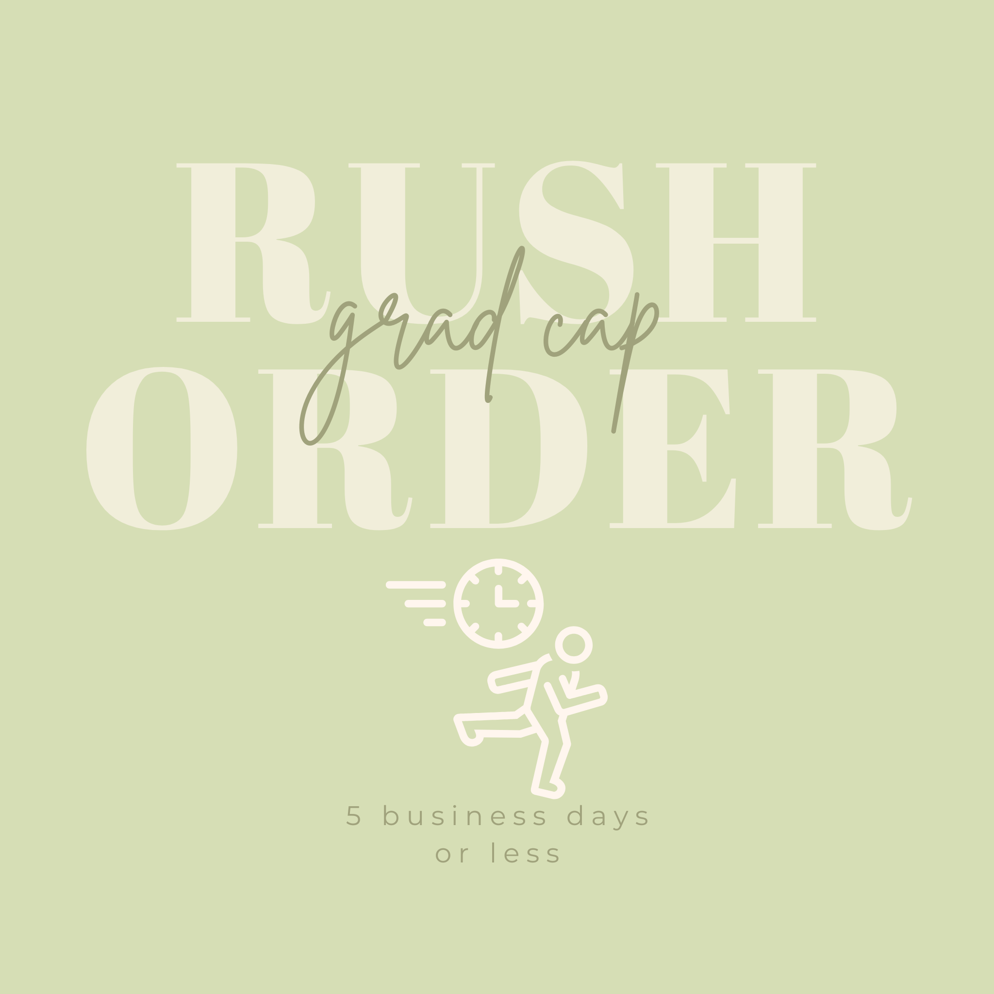 Promotional graphic for a Rush Order service on hand-painted graduation caps, indicating a 5 business day or less turnaround time.