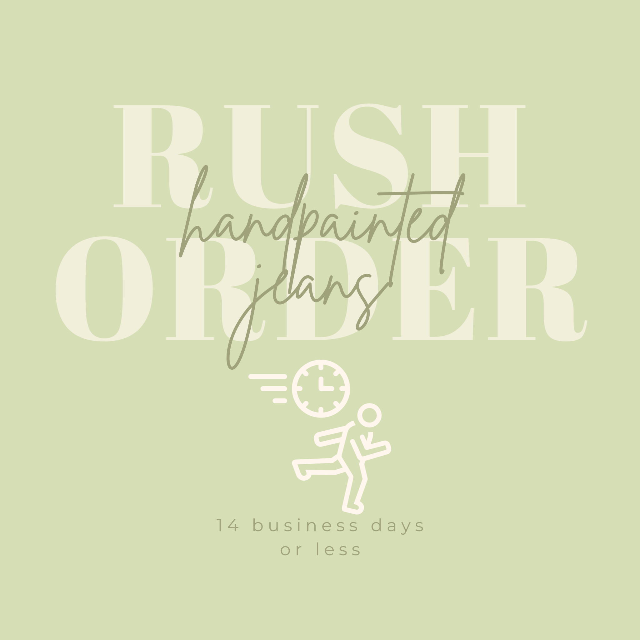 Promotional graphic for a rush order on hand-painted custom jeans, indicating a production time of 14 business days or less