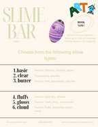 Promotional flyer for a slime bar with slime types and contact information.