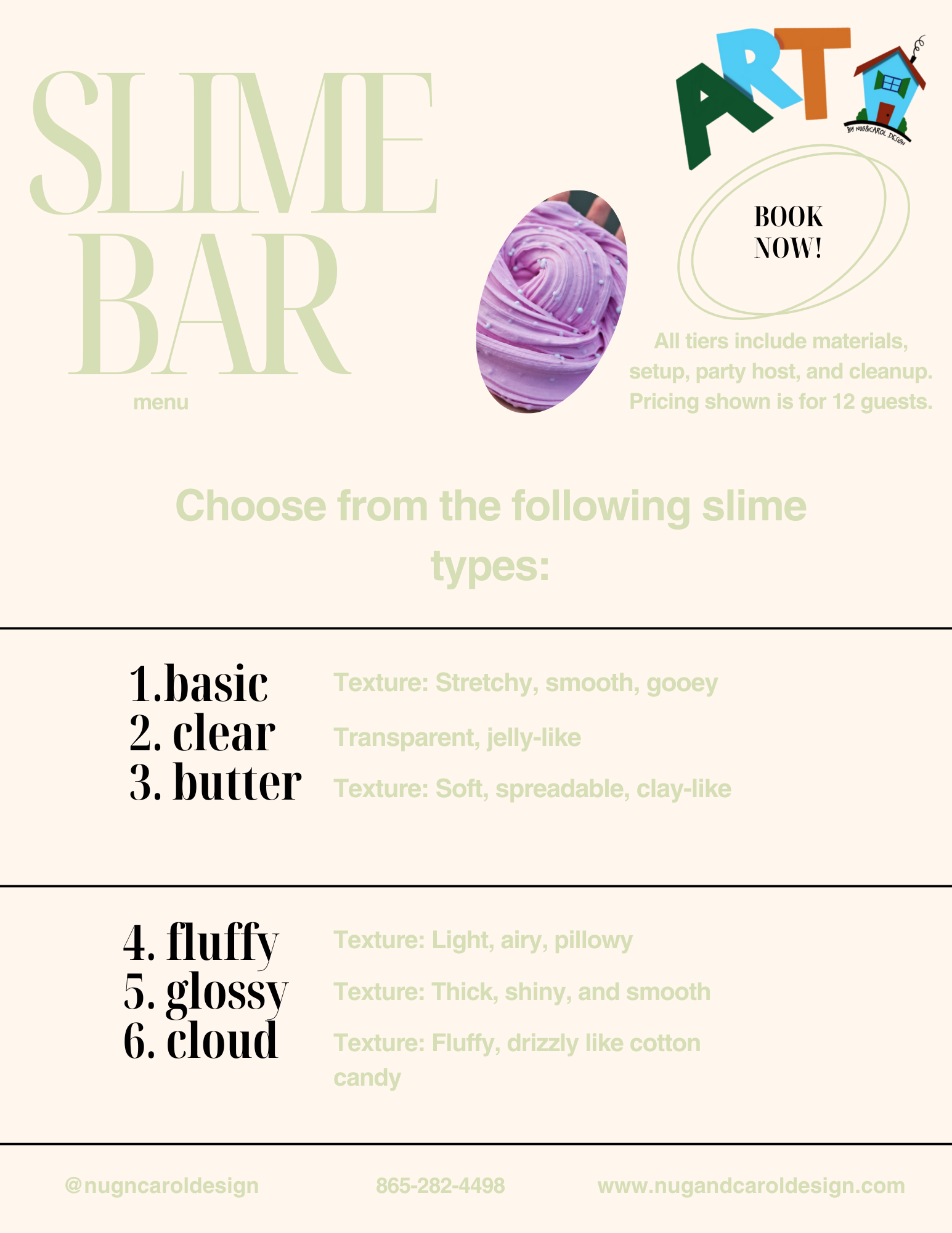 Promotional flyer for a slime bar with slime types and contact information.