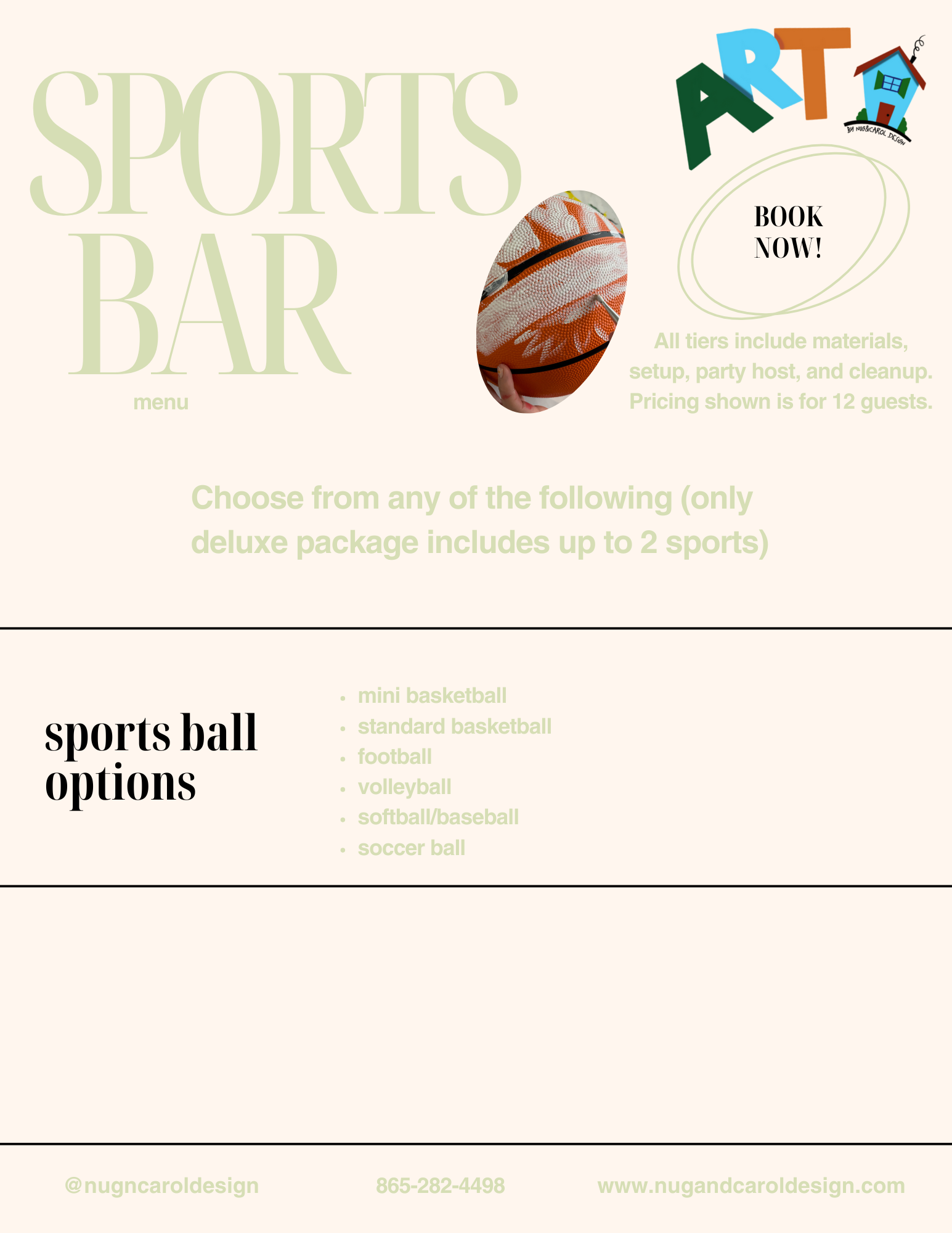 Sports bar menu with sports ball options and contact information.