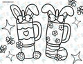 A coloring page featuring two stylized cups with spring-themed decorations, including flowers and bunny ears, surrounded by sparkles and additional floral elements.